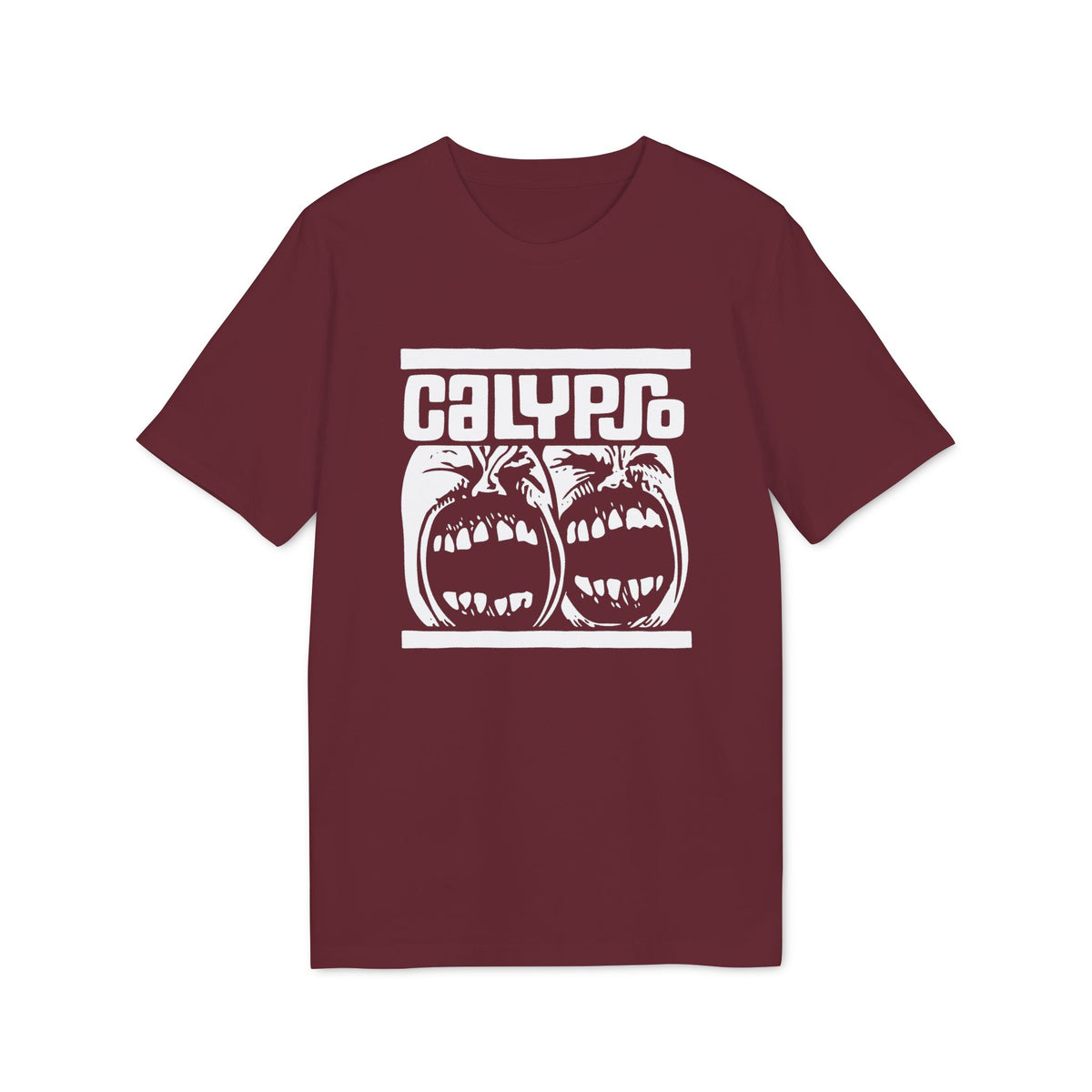 Maroon short-sleeved t-shirt featuring a white graphic of two wide-mouthed screaming faces and the text Calypso.