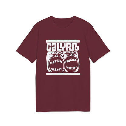Maroon short-sleeved t-shirt featuring a white graphic of two wide-mouthed screaming faces and the text Calypso.