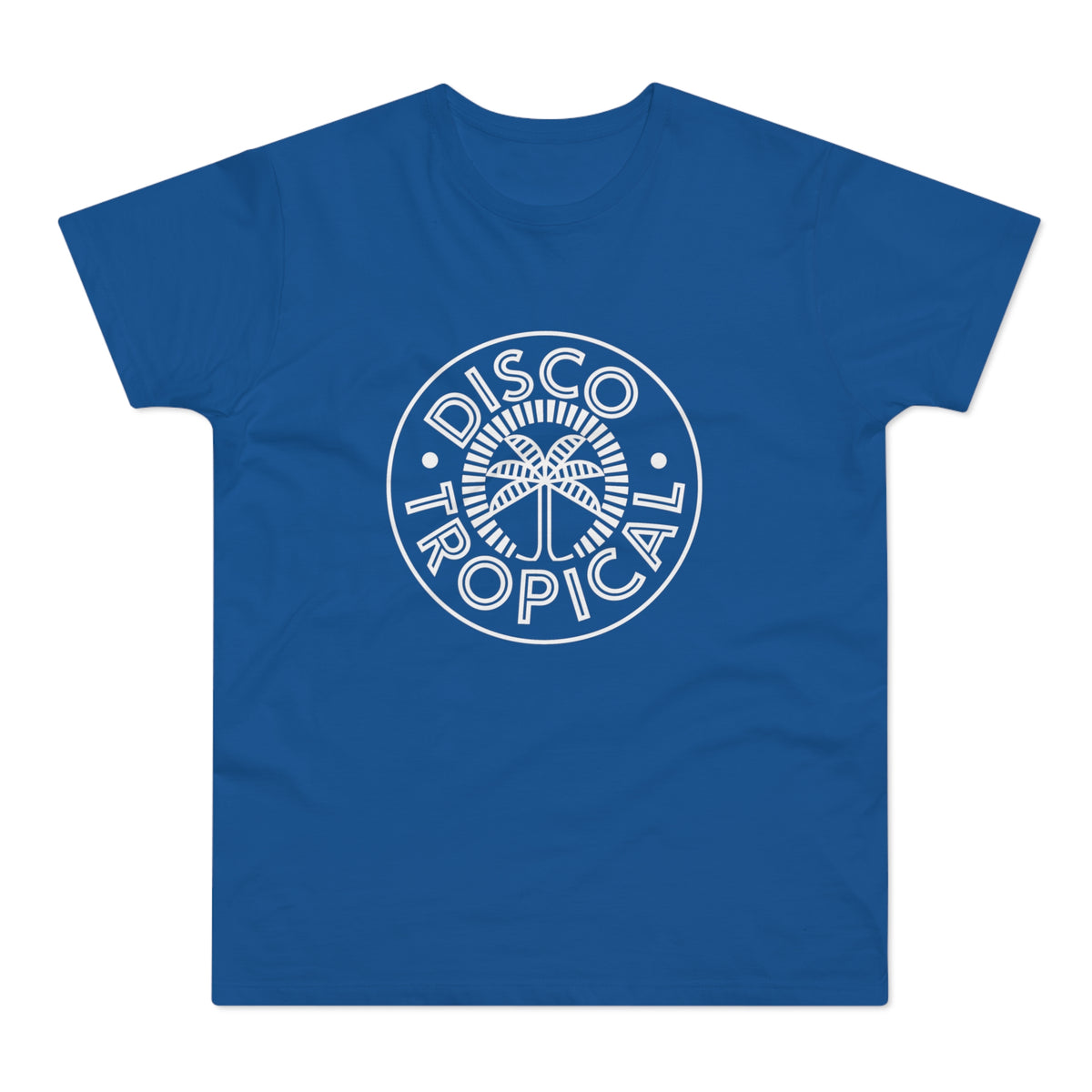 Blue t-shirt with white circle logo featuring palm tree and text "DISCO TROPICAL".