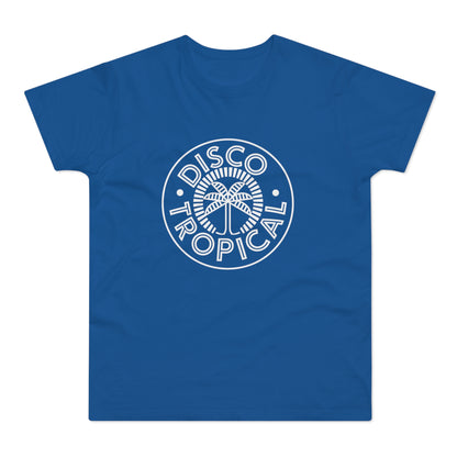 Blue t-shirt with white circle logo featuring palm tree and text "DISCO TROPICAL".