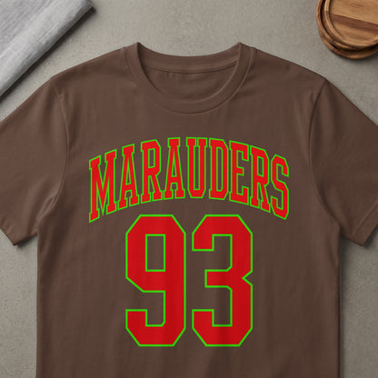 Brown t-shirt with red "Marauders 93" text outlined in green.