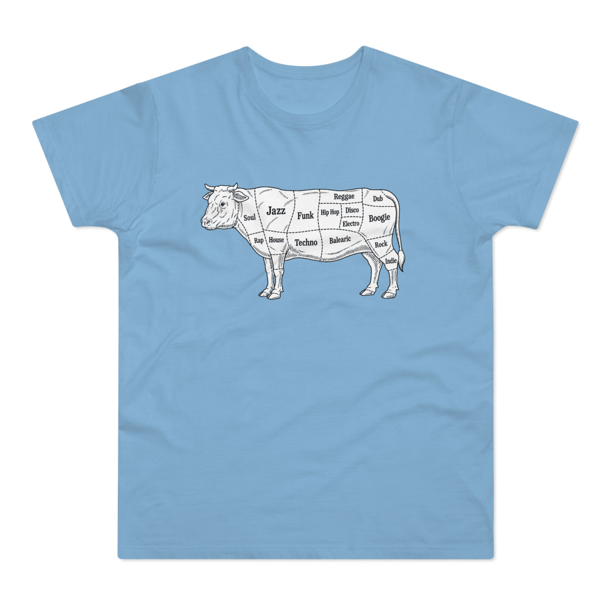 Line drawing of a cow labeled with music genres, on a light blue t-shirt.