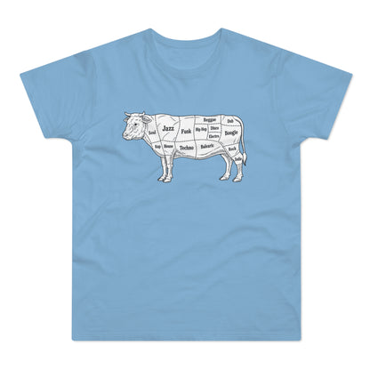 Line drawing of a cow labeled with music genres, on a light blue t-shirt.