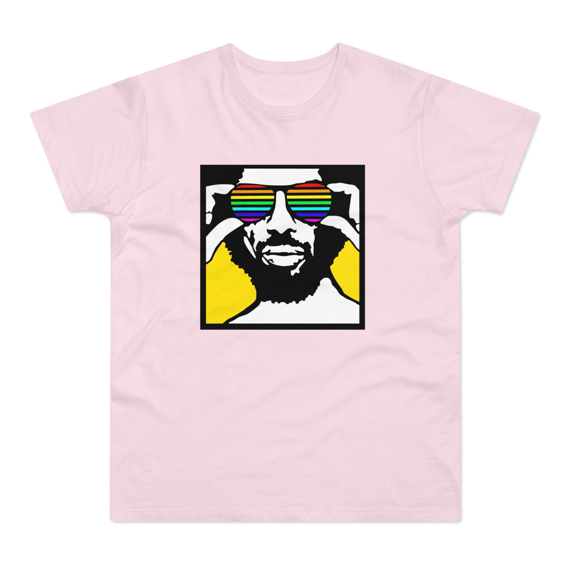Pink t-shirt with graphic of man wearing rainbow sunglasses against yellow and black background.