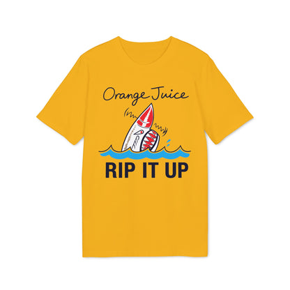 Yellow t-shirt with shark illustration and text "Orange Juice RIP IT UP".