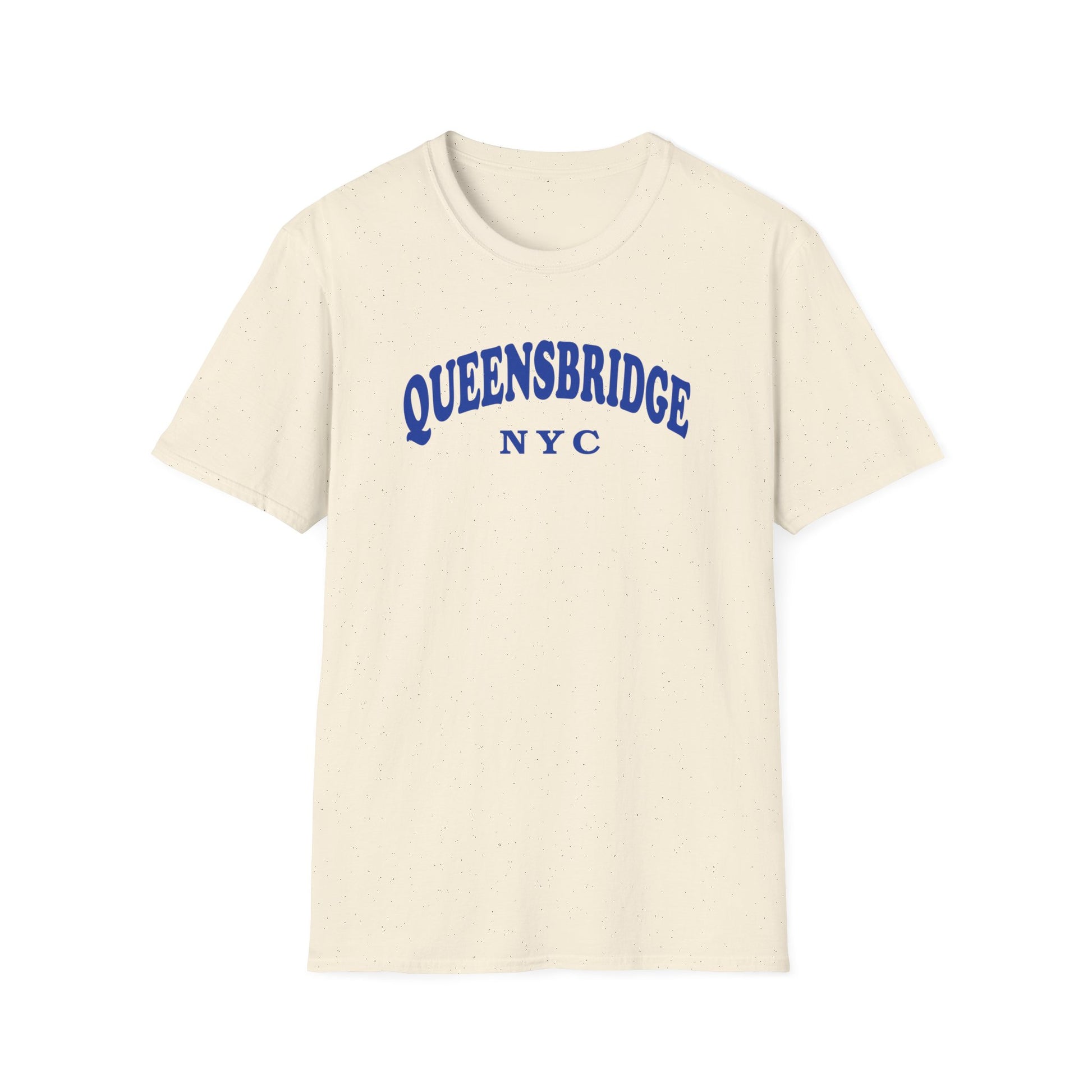 Cream t-shirt with blue "QUEENSBRIDGE NYC" text in an arched font.