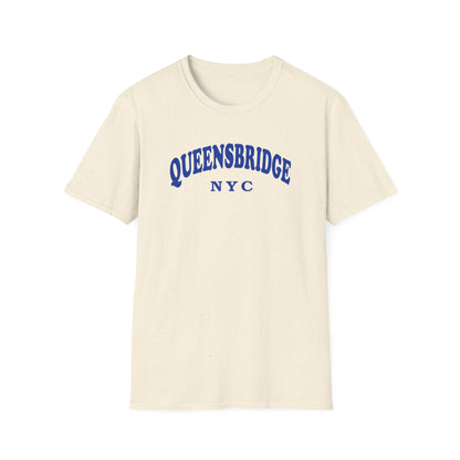 Cream t-shirt with blue "QUEENSBRIDGE NYC" text in an arched font.