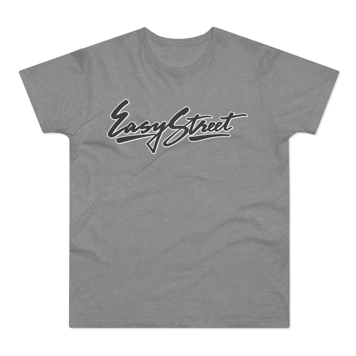 Grey t-shirt with "Easy Street" in a black script font.