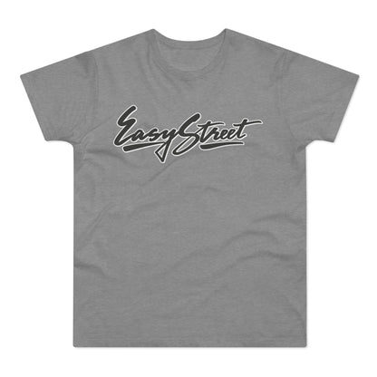 Grey t-shirt with "Easy Street" in a black script font.