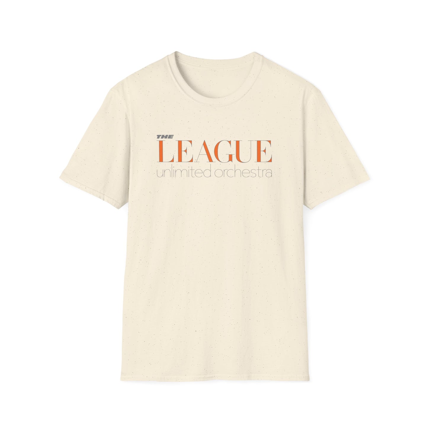 Cream t-shirt with "THE LEAGUE unlimited orchestra" text graphic.