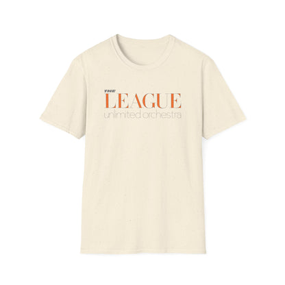 Cream t-shirt with "THE LEAGUE unlimited orchestra" text graphic.