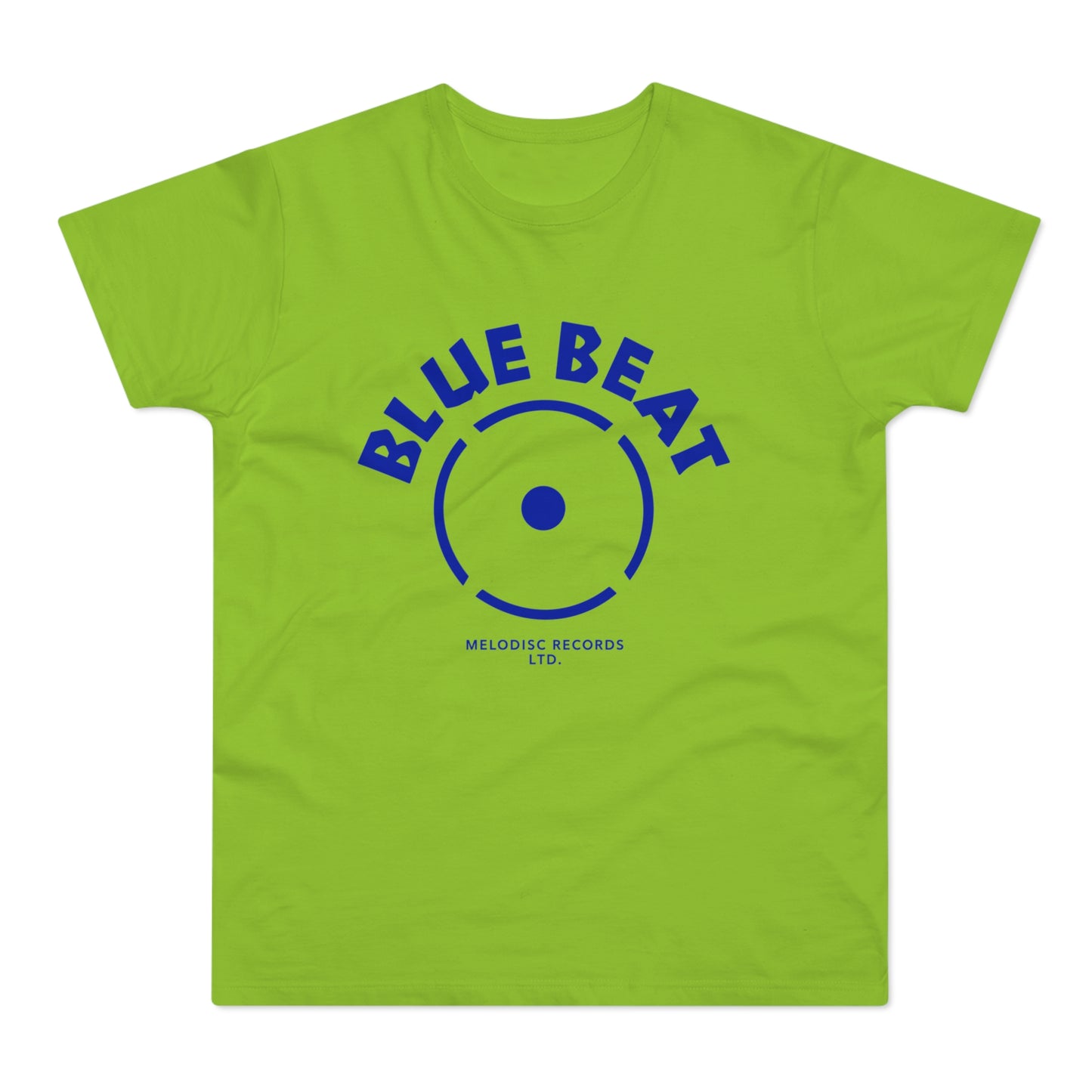 Lime green t-shirt with blue "BLUE BEAT" text and record label graphic.