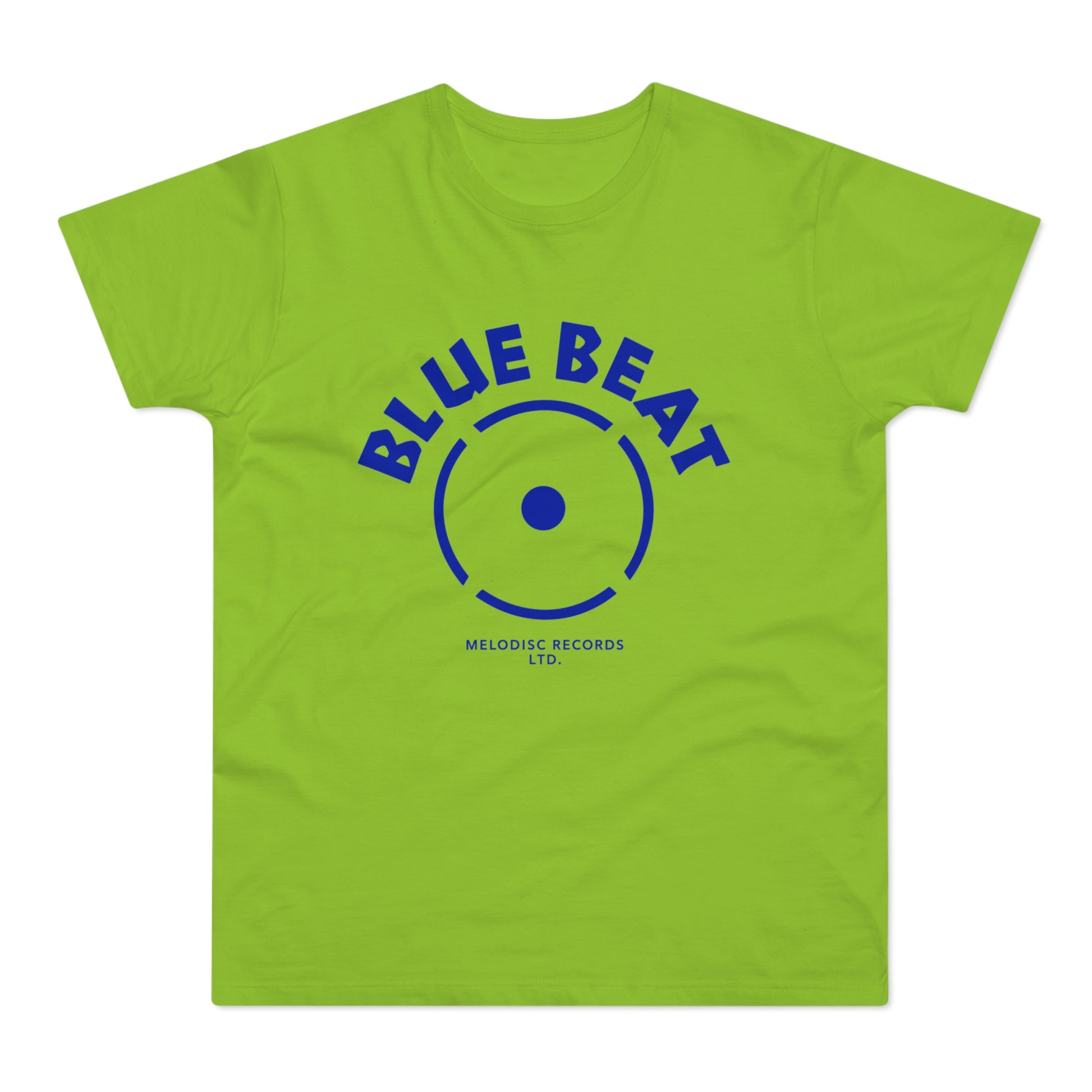 Lime green t-shirt with blue "BLUE BEAT" text and record label graphic.