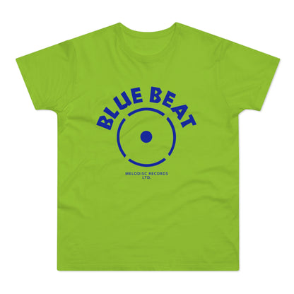Lime green t-shirt with blue "BLUE BEAT" text and record label graphic.