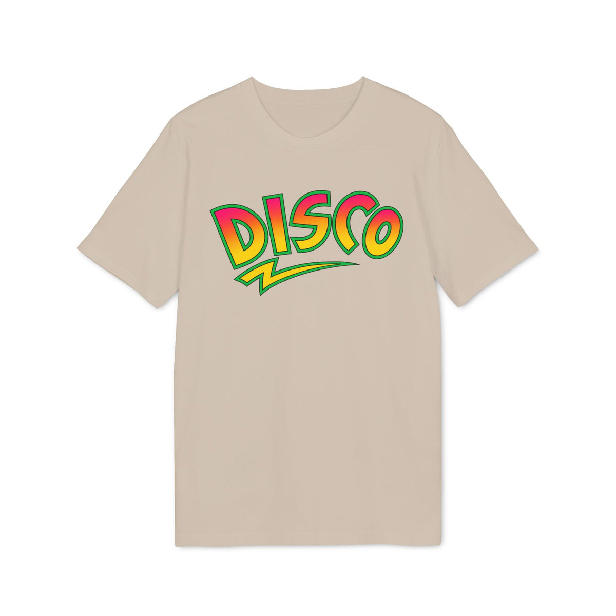 A beige t-shirt featuring the word DISCO in colorful retro lettering with a lightning bolt underneath.