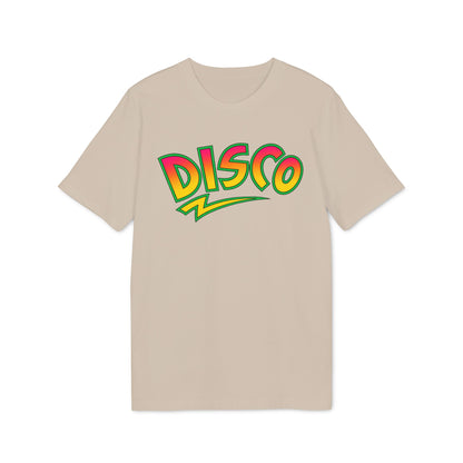 A beige t-shirt featuring the word DISCO in colorful retro lettering with a lightning bolt underneath.