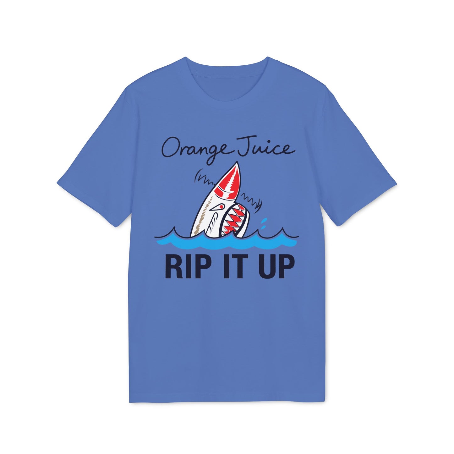 Blue t-shirt with text "Orange Juice RIP IT UP" and graphic of a shark.