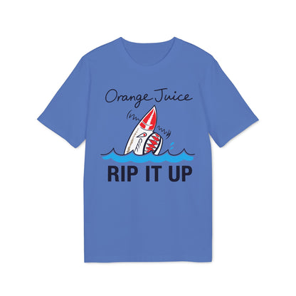 Blue t-shirt with text "Orange Juice RIP IT UP" and graphic of a shark.