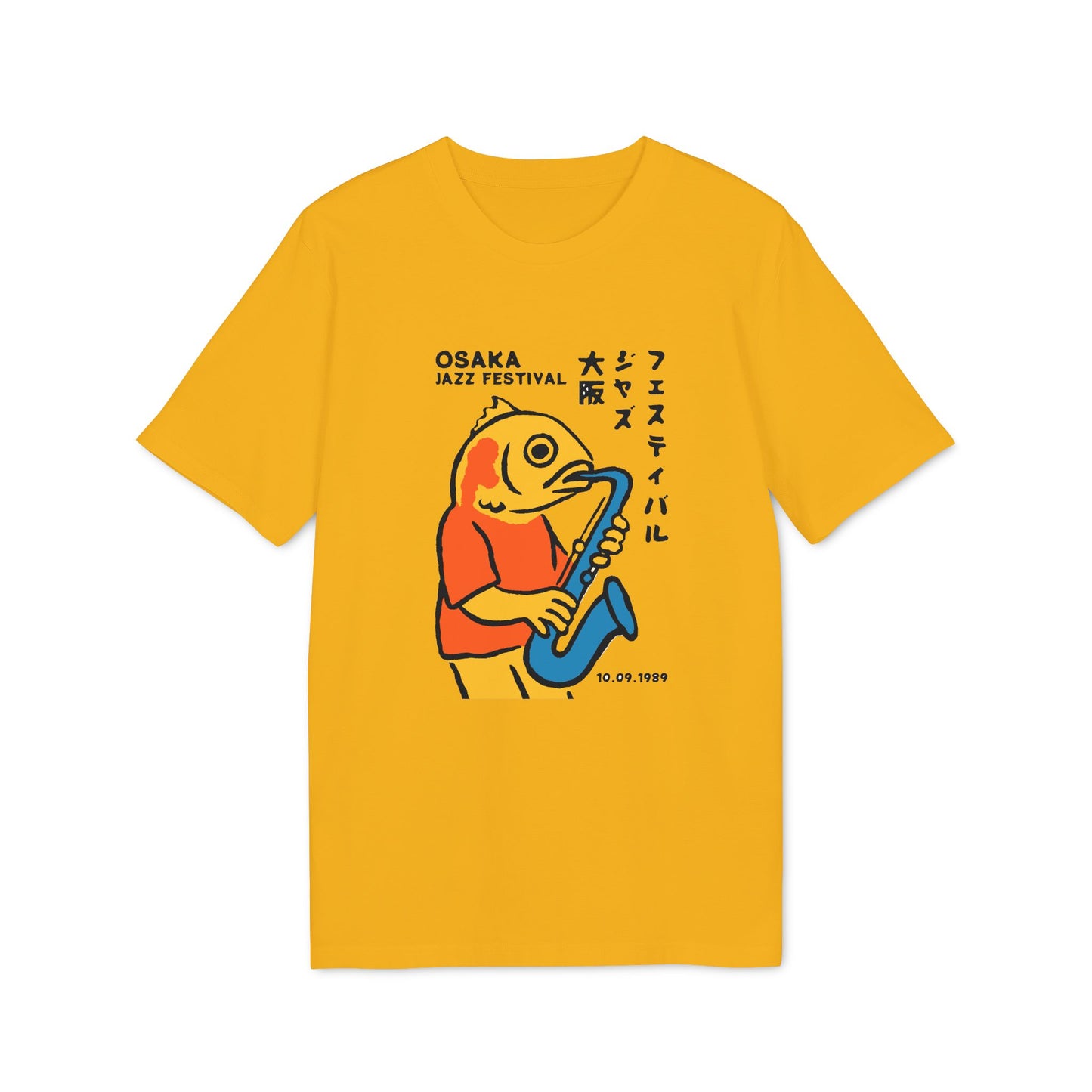 Yellow t-shirt graphic featuring a fish playing a saxophone for Osaka Jazz Festival.