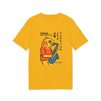 Yellow t-shirt graphic featuring a fish playing a saxophone for Osaka Jazz Festival.