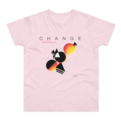 Pink t-shirt with "CHANGE" and "THE GLOW OF LOVE" text and abstract shapes.