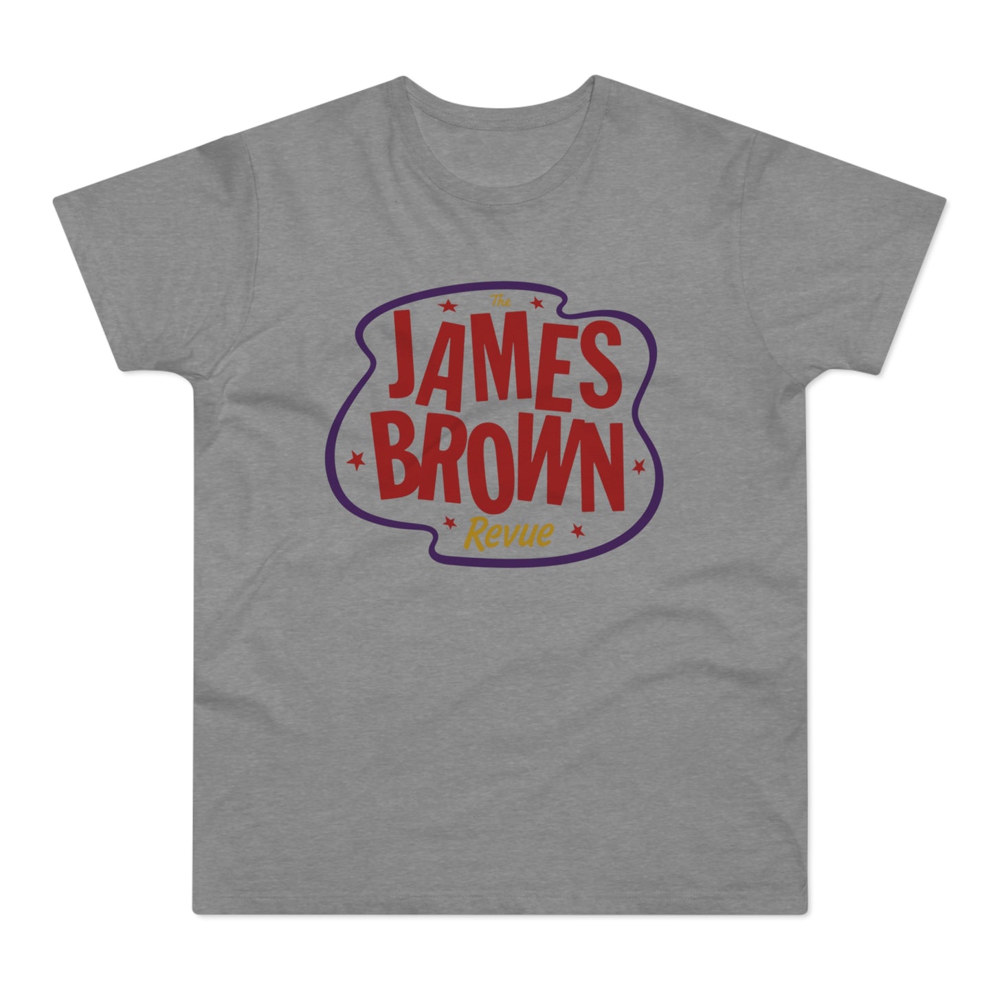 Grey t-shirt with red and purple "The James Brown Revue" logo.