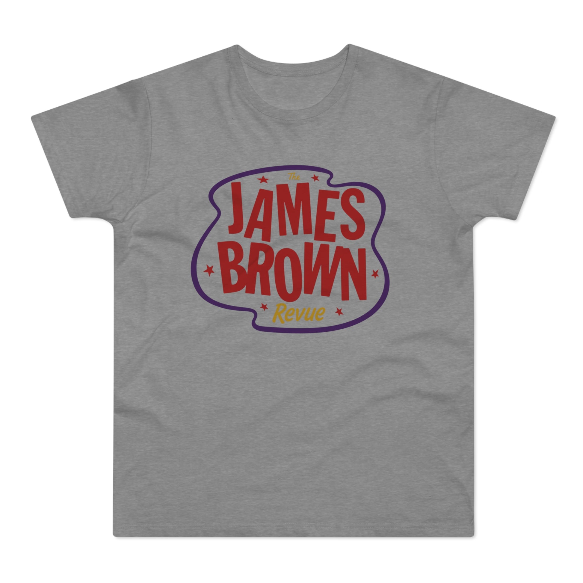 Grey t-shirt with red and purple "The James Brown Revue" logo.