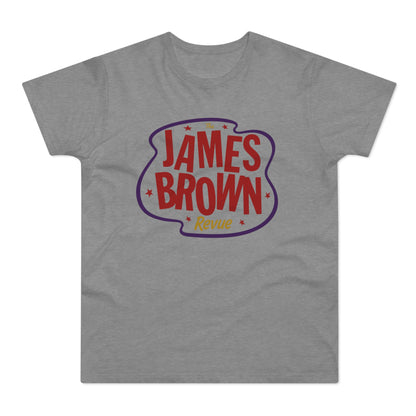 Grey t-shirt with red and purple "The James Brown Revue" logo.