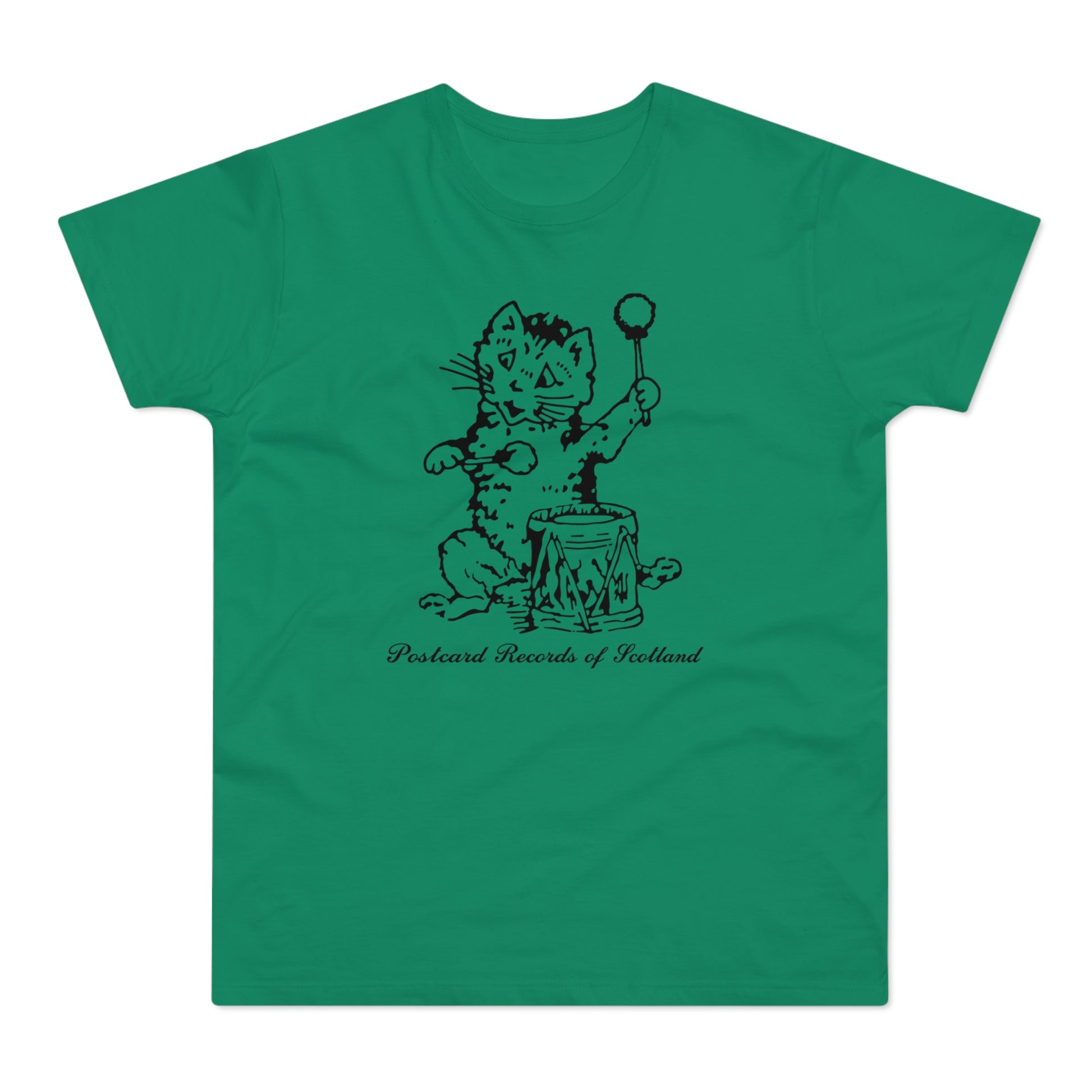 Black line drawing of a cat playing a drum with drumsticks on a green t-shirt.