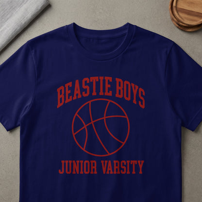 Navy t-shirt with "Beastie Boys Junior Varsity" text and basketball graphic.