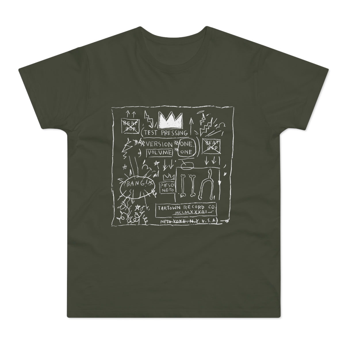 T-shirt with Basquiat-style drawing featuring text including "Test Pressing", "Volume One", and "New York N.Y. U.S.A.".
