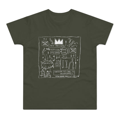 T-shirt with Basquiat-style drawing featuring text including "Test Pressing", "Volume One", and "New York N.Y. U.S.A.".