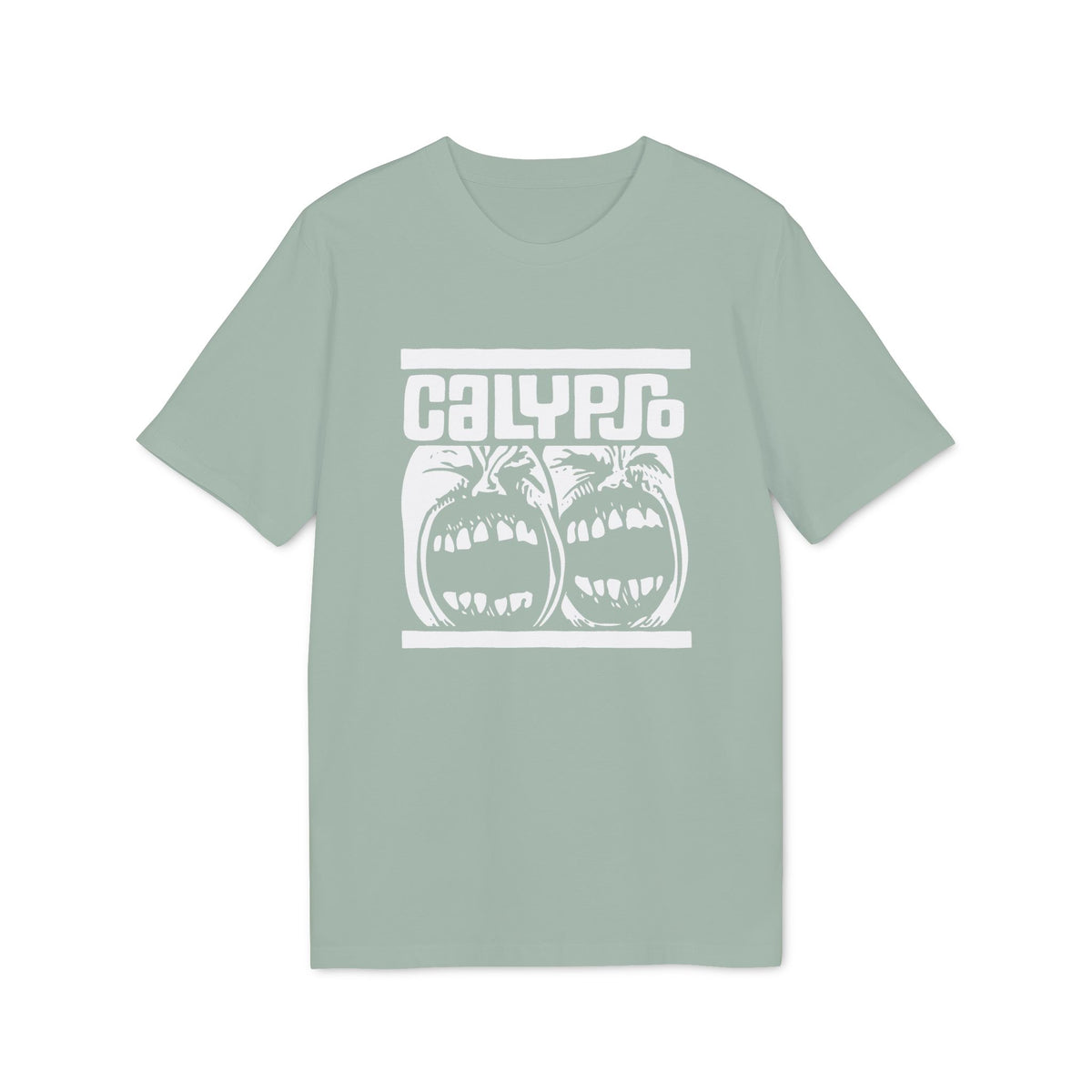 A sage green short-sleeve t-shirt with a white graphic print reading CALYPSO above two screaming faces.