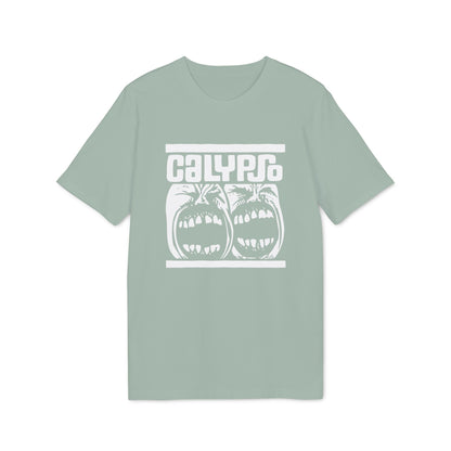 A sage green short-sleeve t-shirt with a white graphic print reading CALYPSO above two screaming faces.