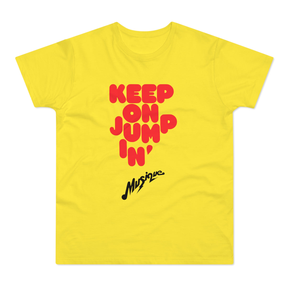 Yellow t-shirt with red text "KEEP ON JUMP IN'" and black script "Musique".