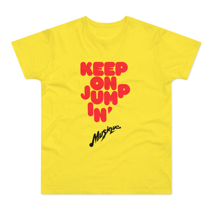 Yellow t-shirt with red text "KEEP ON JUMP IN'" and black script "Musique".