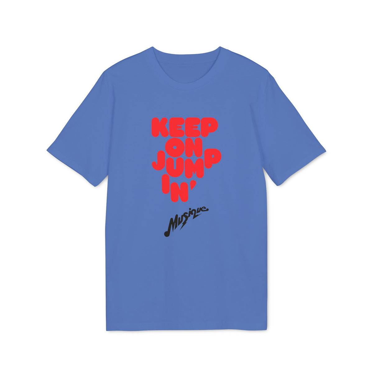 Blue short-sleeved t-shirt with red "Keep on Jumpin'" text and black "Musique" script on the front.