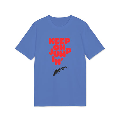 Blue short-sleeved t-shirt with red "Keep on Jumpin'" text and black "Musique" script on the front.