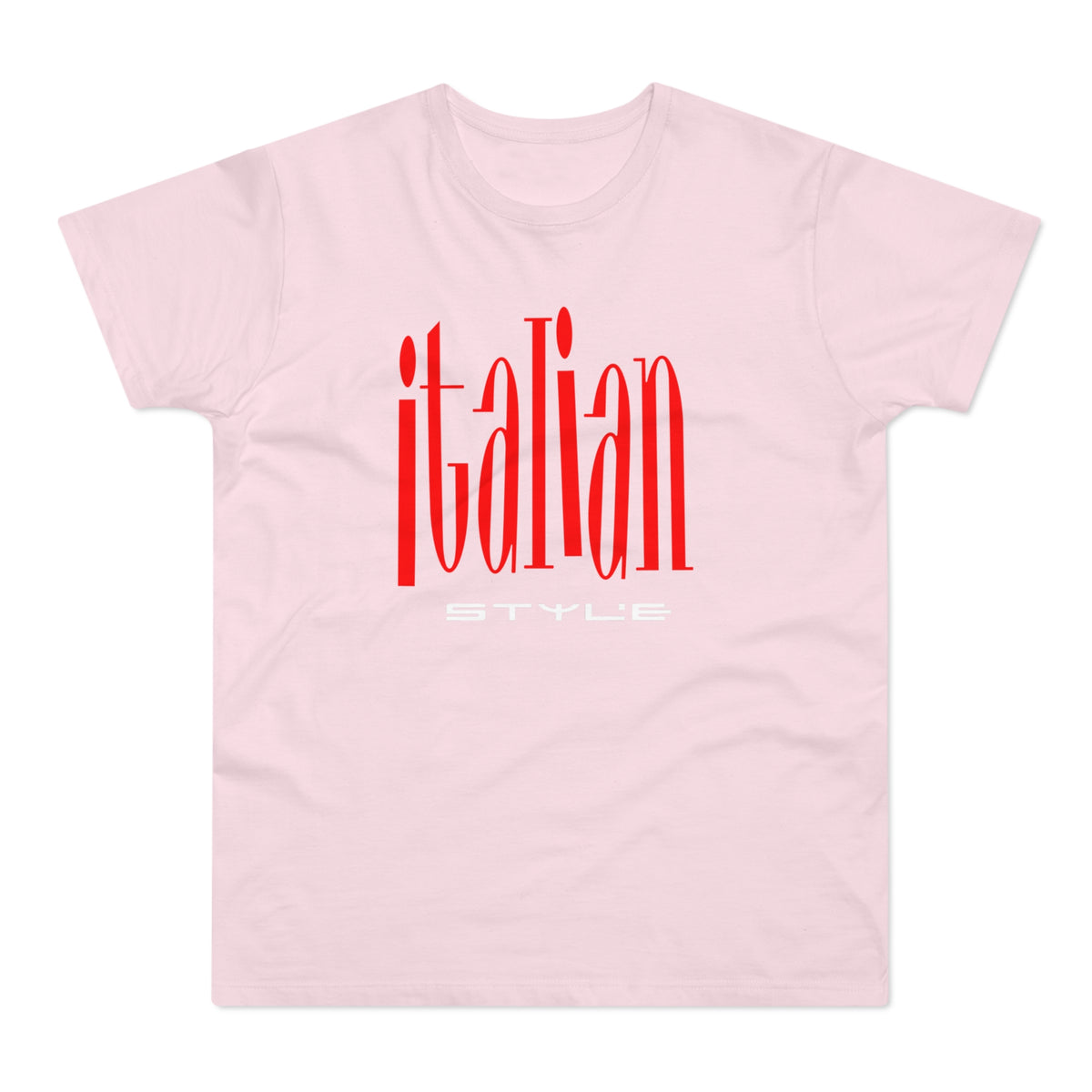 Pink t-shirt with red "ITALIAN" and white "STYLE" text.