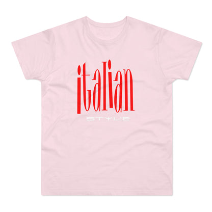 Pink t-shirt with red "ITALIAN" and white "STYLE" text.