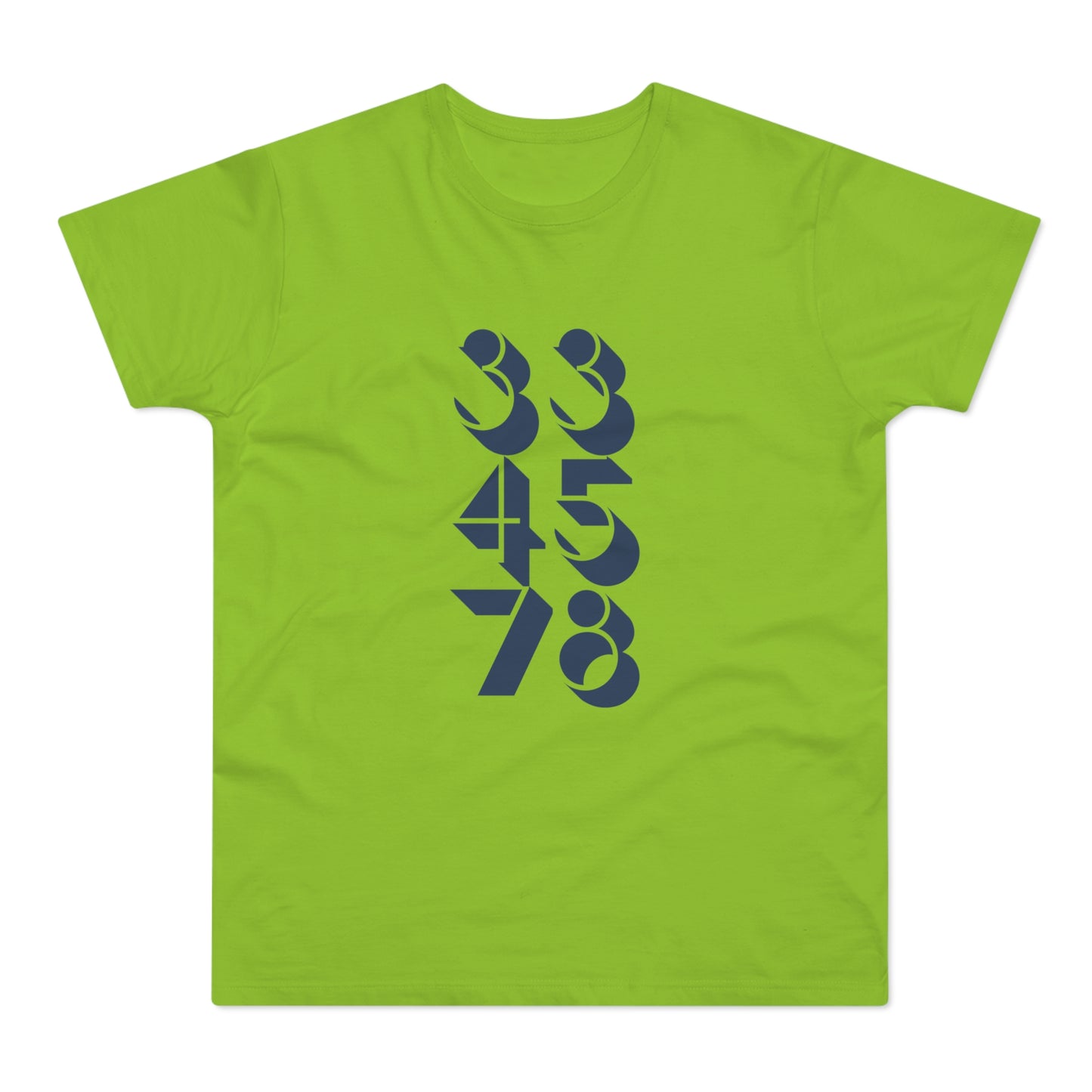 Lime green t-shirt with navy blue abstract numbers 33, 45, and 78.