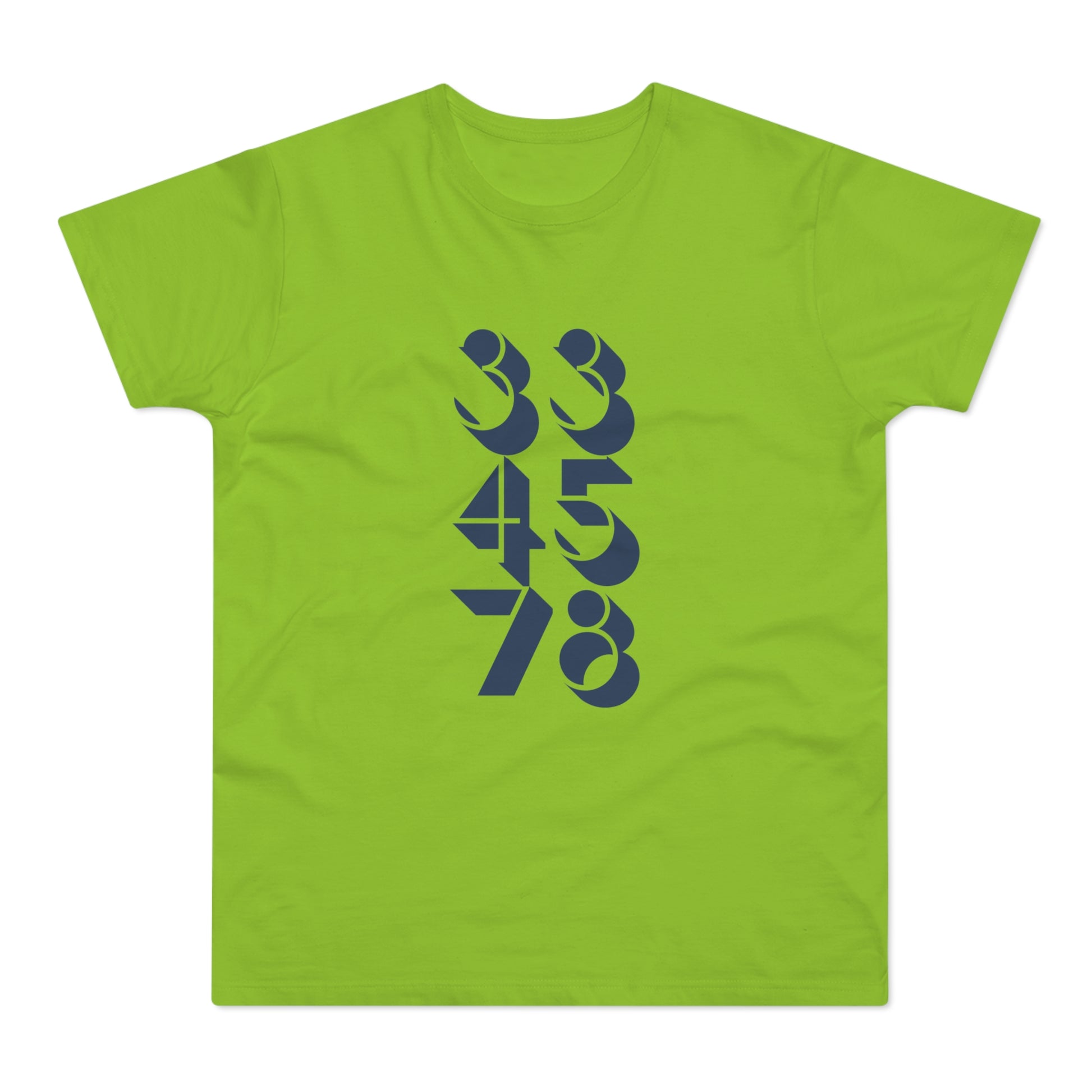 Lime green t-shirt with navy blue abstract numbers 33, 45, and 78.