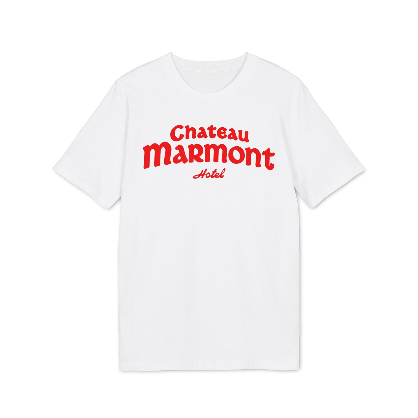 White t-shirt with red "Chateau Marmont Hotel" text across the chest.