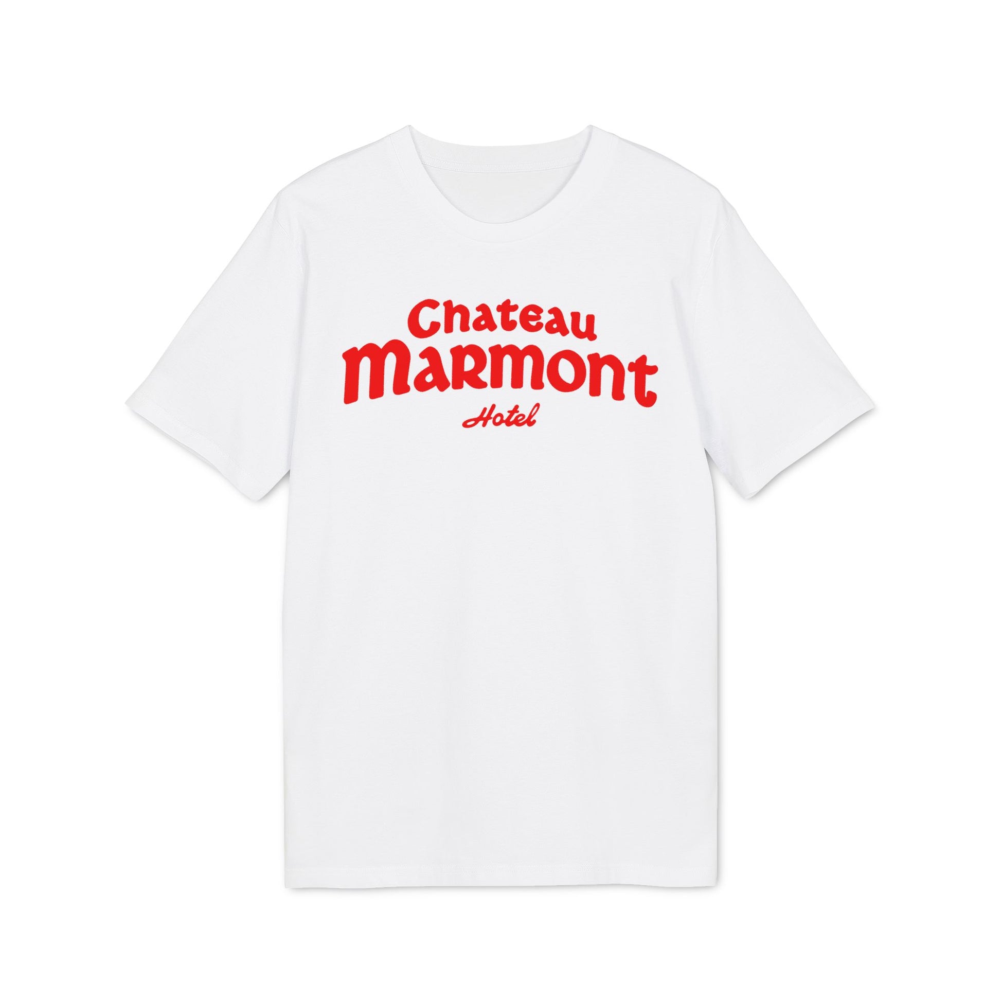 White t-shirt with red "Chateau Marmont Hotel" text across the chest.