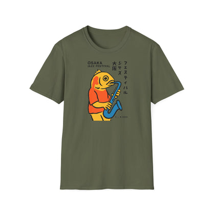 Olive green t-shirt featuring a cartoon fish playing a saxophone, with Japanese text and "Osaka Jazz Festival 10.09.1989".