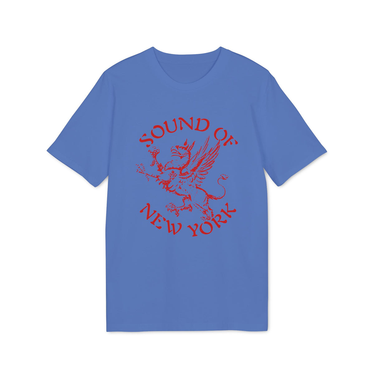 Blue short-sleeve t-shirt with red graphic of a griffin and text reading Sound of New York.