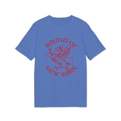 Blue short-sleeve t-shirt with red graphic of a griffin and text reading Sound of New York.