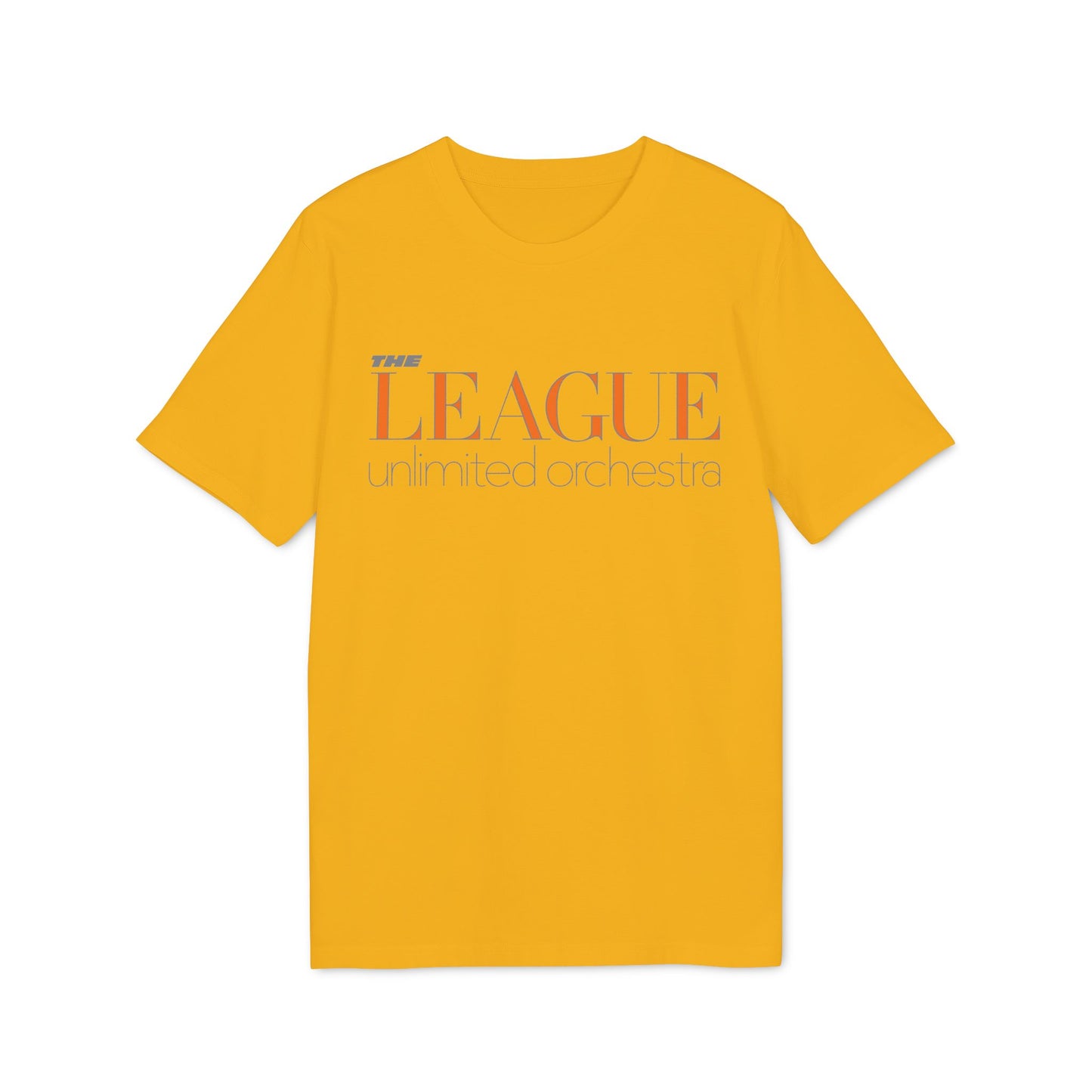 Yellow t-shirt with "The League unlimited orchestra" text graphic.