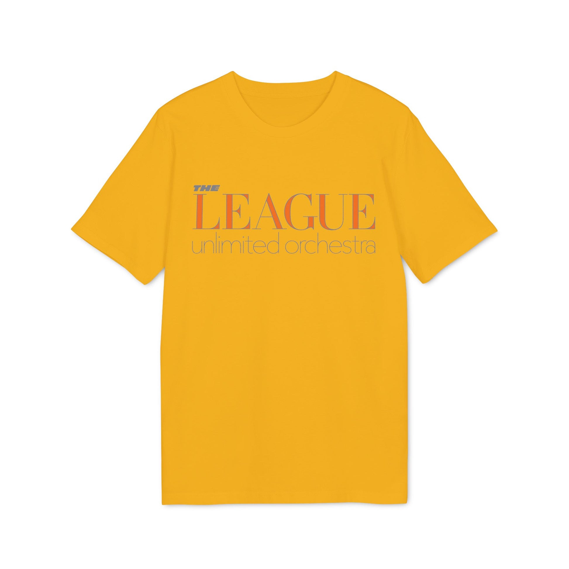 Yellow t-shirt with "The League unlimited orchestra" text graphic.