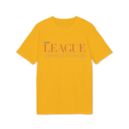 Yellow t-shirt with "The League unlimited orchestra" text graphic.